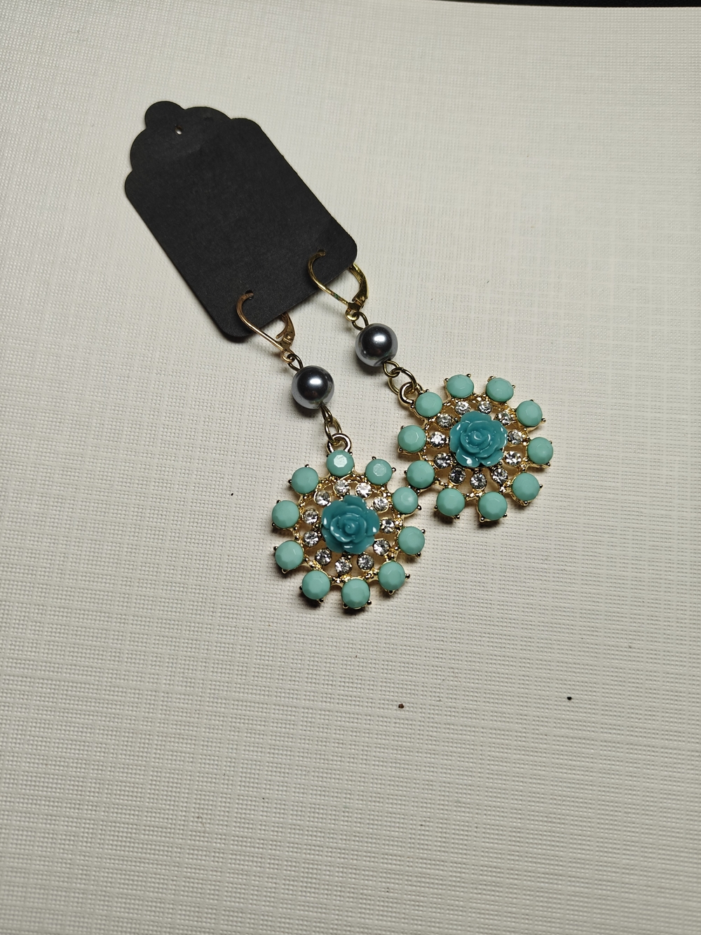 Gold-Tone Turquoise Floral Drop Earrings with Crystal Accents NWOT